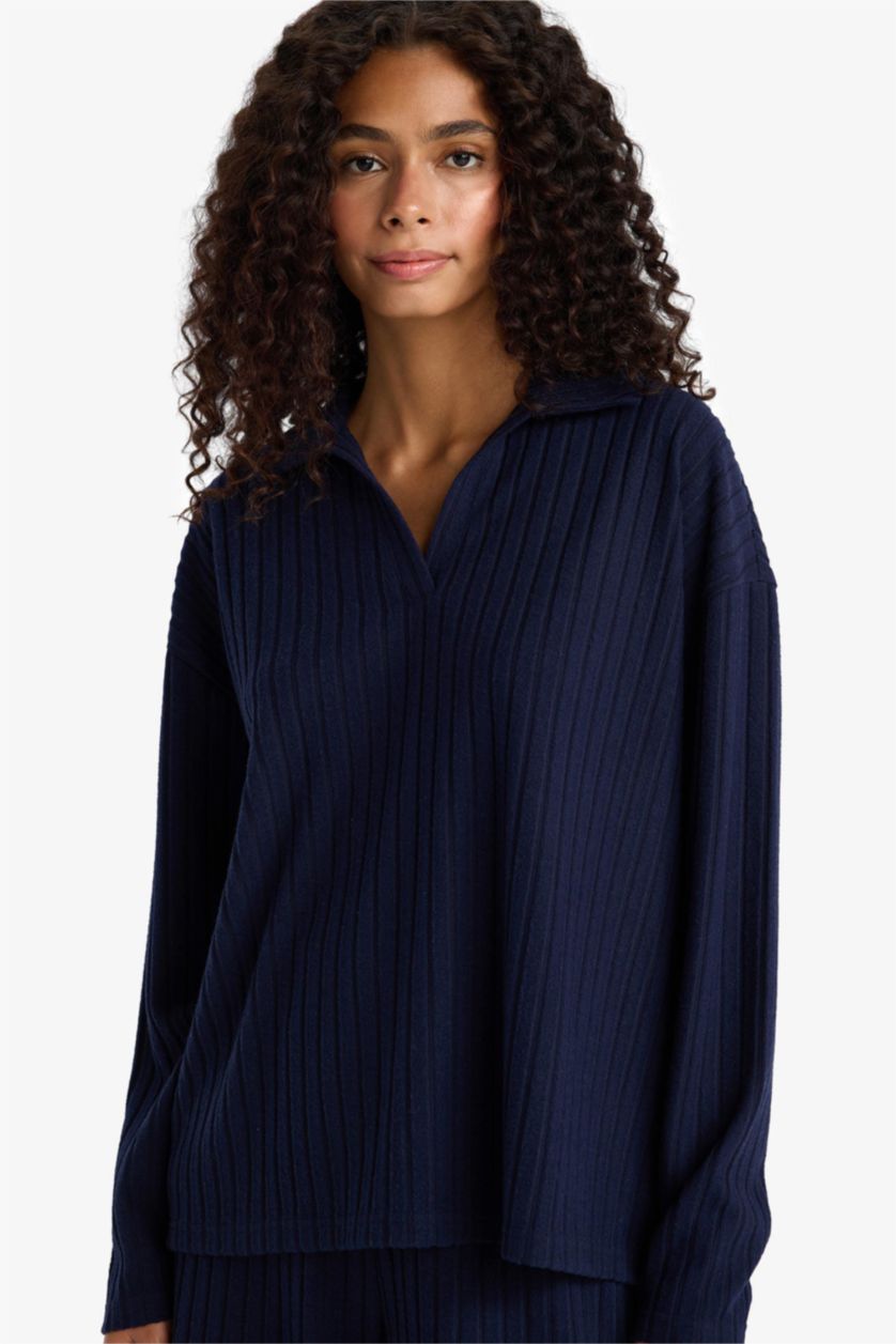 WOMAN NAVY Relax Fit Polo Neck Ribbed Camisole T-Shirt