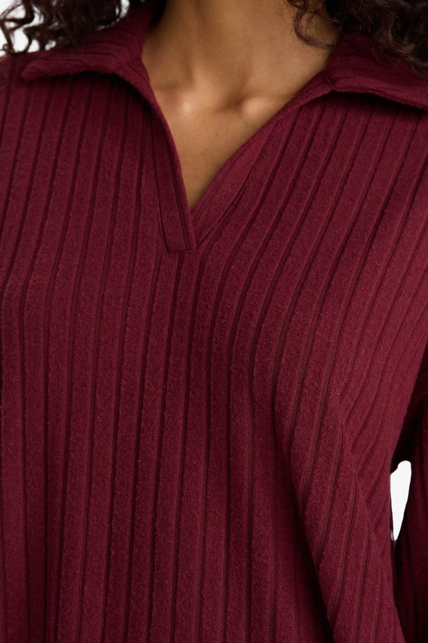 Kadın Bordo Relax Fıt Polo Yaka Fitilli Kaşkorse Uzun Kollu Tişört