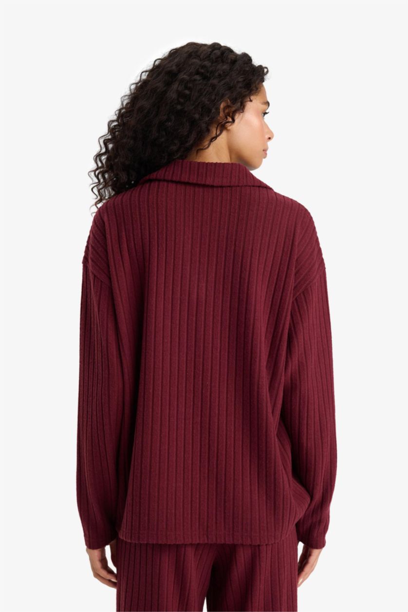 Kadın Bordo Relax Fıt Polo Yaka Fitilli Kaşkorse Uzun Kollu Tişört