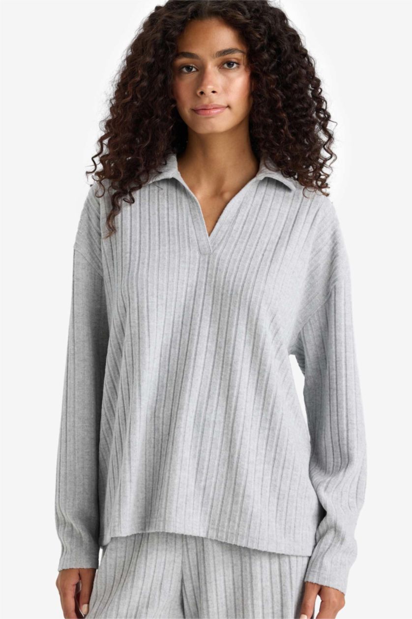 Women Grey Melange Relax Fit Camisole Long Sleeve T-Shirt