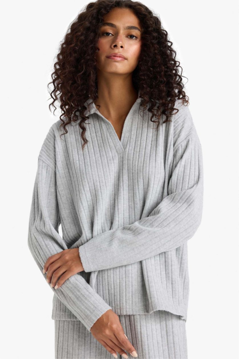 Kadın Gri Melanj Relax Fıt Polo Yaka Fitilli Kaşkorse Uzun Kollu Tişört