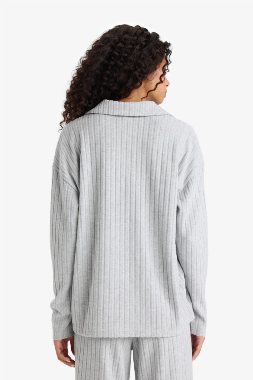 Kadın Gri Melanj Relax Fıt Polo Yaka Fitilli Kaşkorse Uzun Kollu Tişört