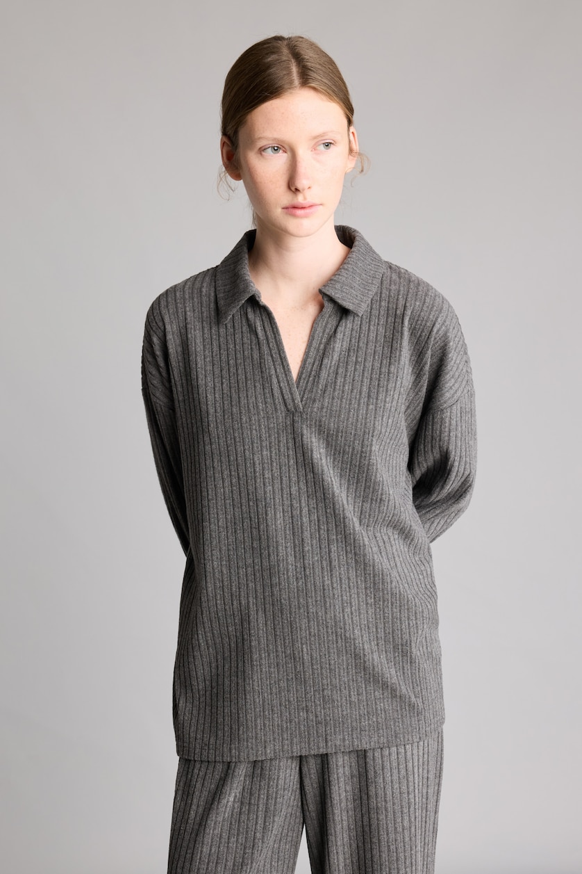 WOMAN Anthracite Melange Relax Fit Ribbed Polo T-Shirt