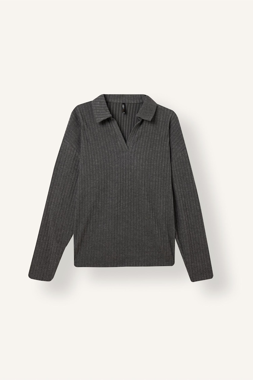 WOMAN Anthracite Melange Relax Fit Ribbed Polo T-Shirt