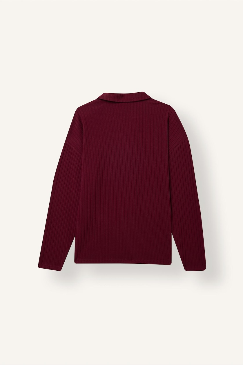 Kadın Bordo Relax Fıt Fitilli Kaşkorse Uzun Kollu Tişört