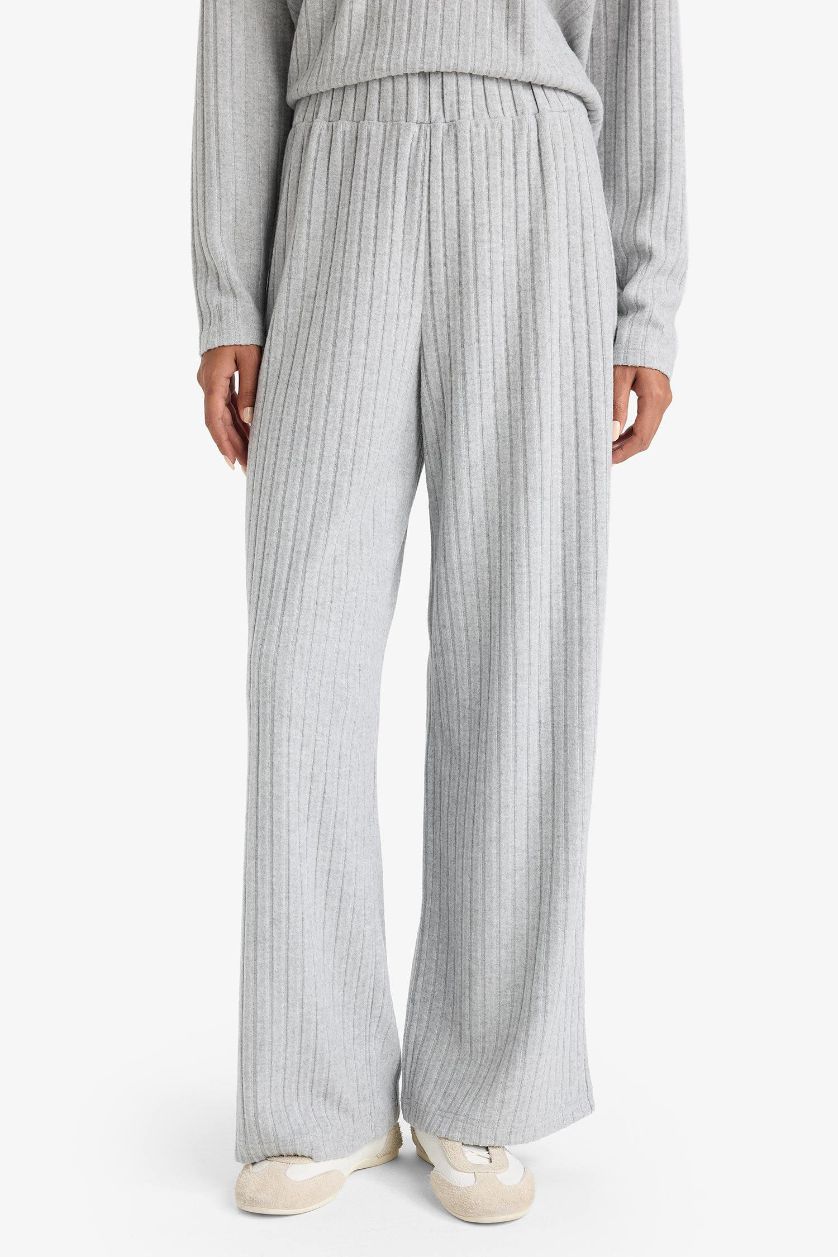 حريمي ميلانج رمادي بنطلون مضلع وايد ليج برجل واسع