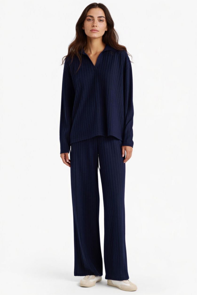 حريمي كحلي بنطلون مضلع وايد ليج برجل واسع