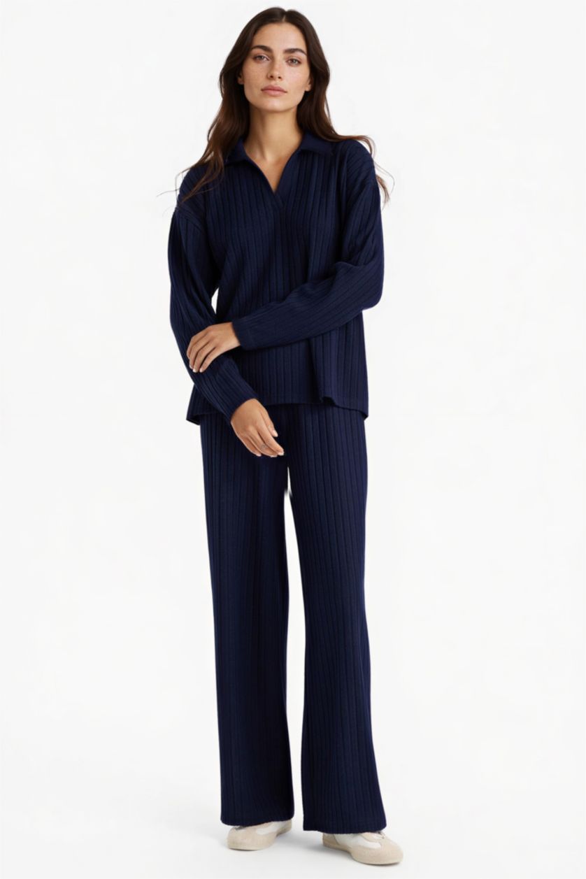 حريمي كحلي بنطلون مضلع وايد ليج برجل واسع