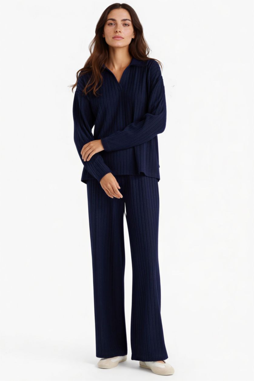 نساء كحلي بنطرون مضلع وايد ليج بخصر مطاطي