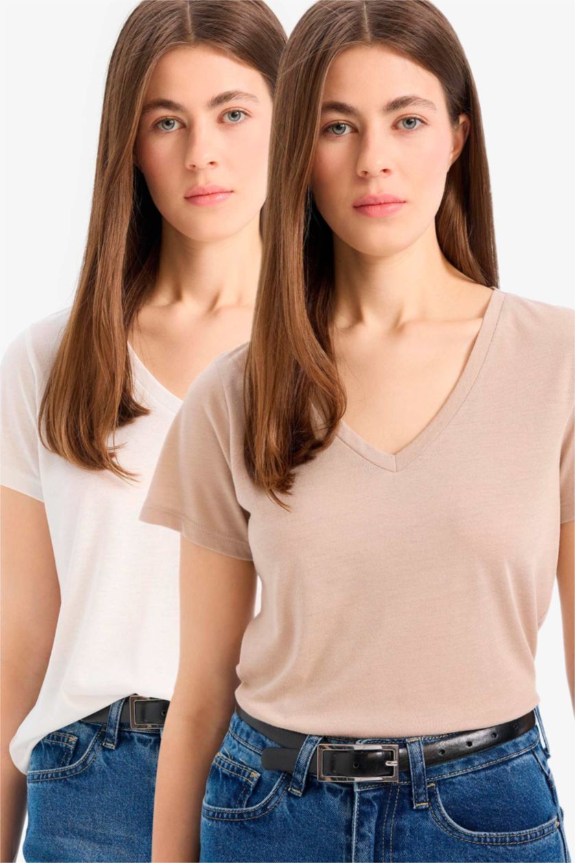 Kadın Taş Regular Fit V Yaka Basic Düz 2'li Tişört