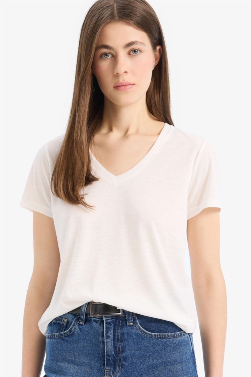 Kadın Taş Regular Fit V Yaka Basic Düz 2'li Tişört