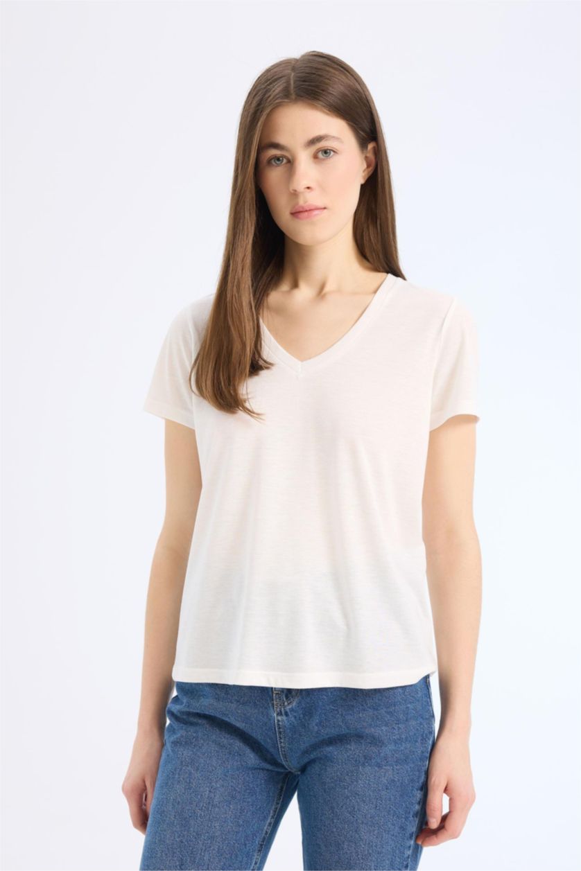 Kadın Taş Regular Fit V Yaka Basic Düz 2'li Tişört