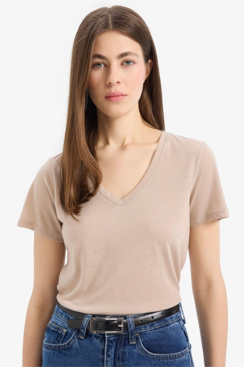 Kadın Taş Regular Fit V Yaka Basic Düz 2'li Tişört
