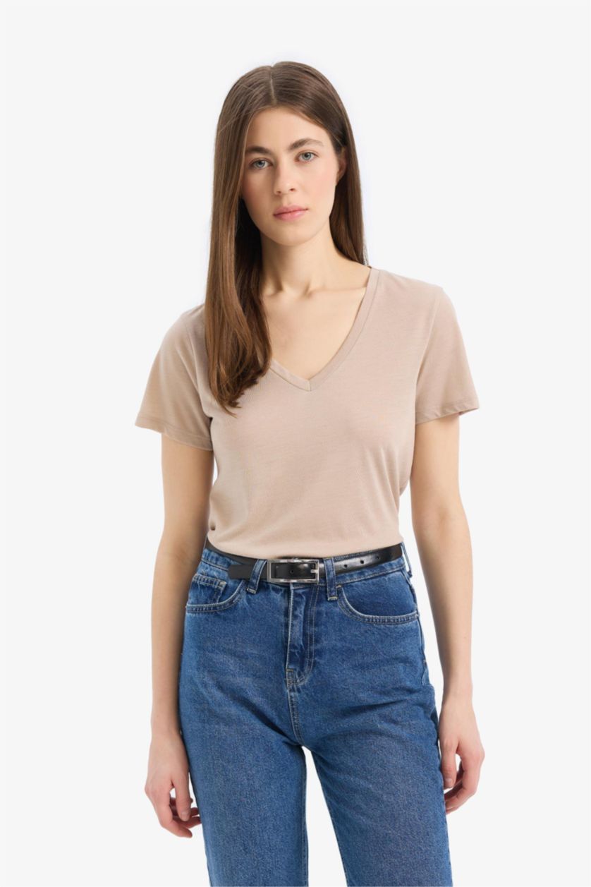 Kadın Taş Regular Fit V Yaka Basic Düz 2'li Tişört