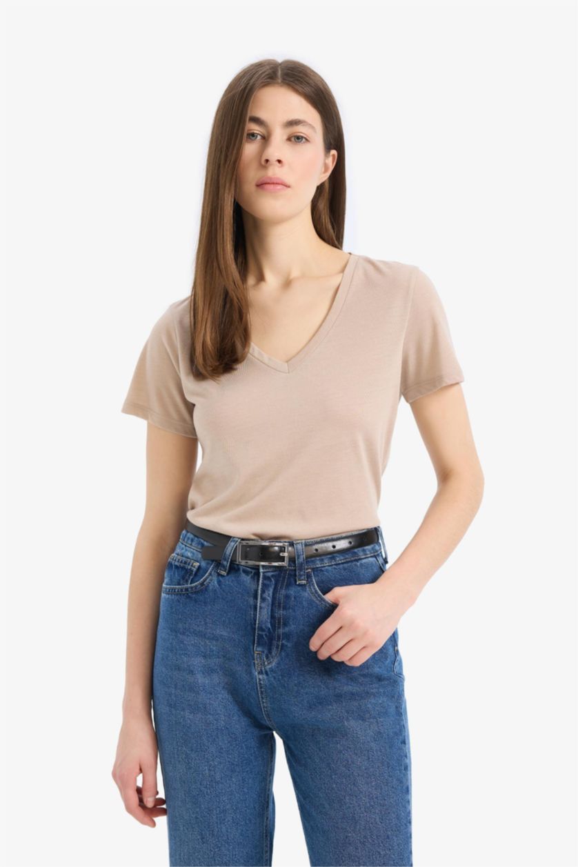 Kadın Taş Regular Fit V Yaka Basic Düz 2'li Tişört