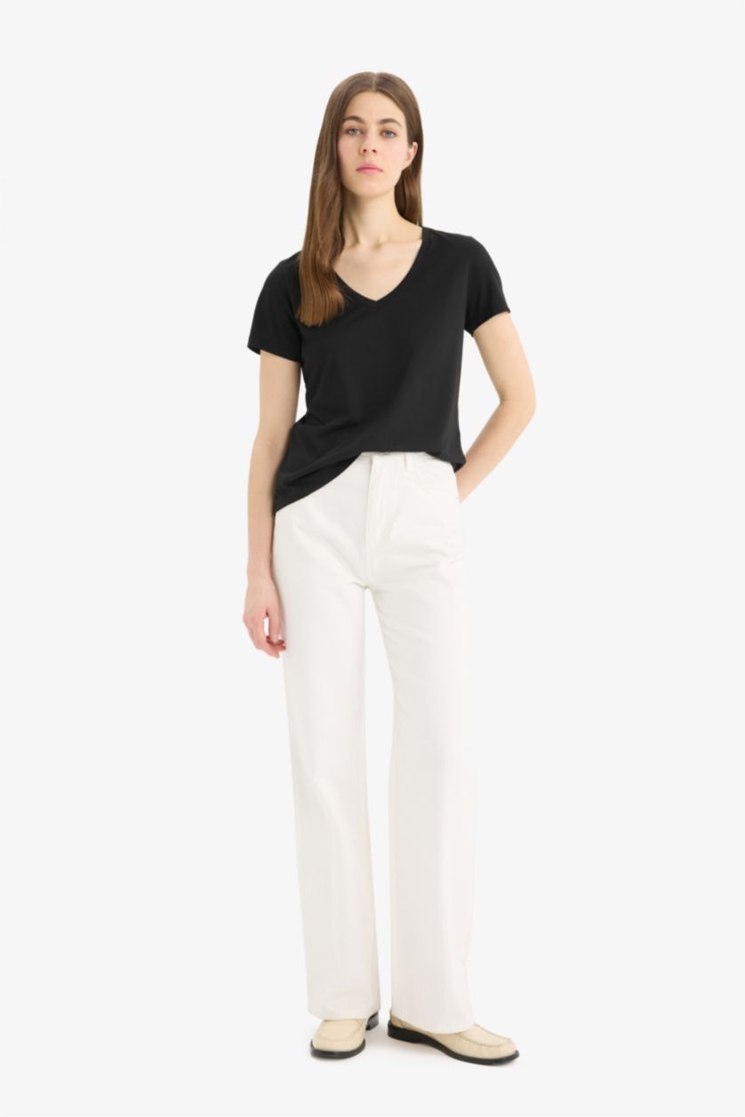 حريمي أسود تيشيرت بيزك سادة قصة عادية بياقة V - قطعتين