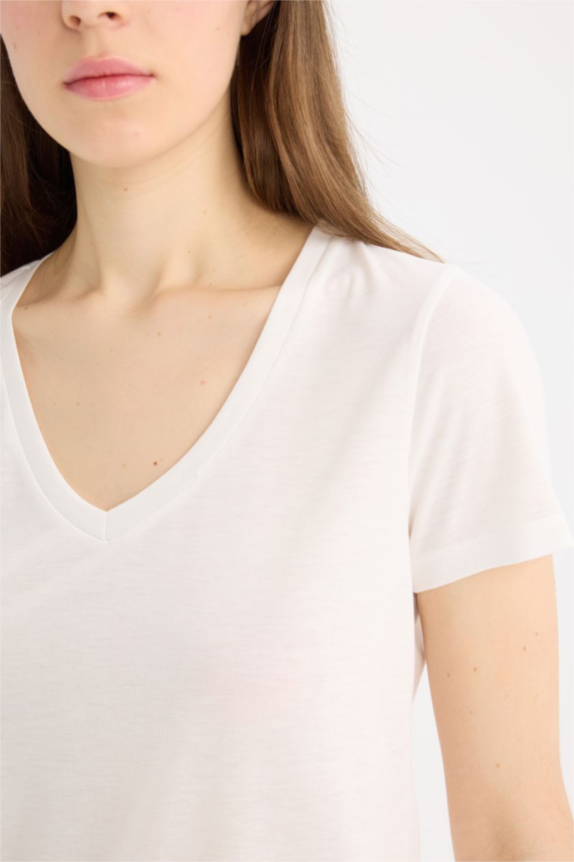 حريمي أسود تيشيرت بيزك سادة قصة عادية بياقة V - قطعتين