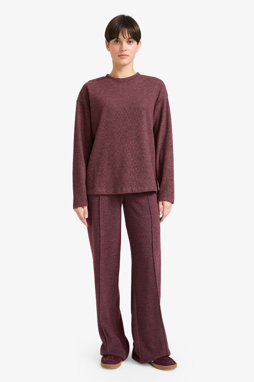 Kadın Bordo Straight Fit Beli Lastikli Geniş Paça Pantolon