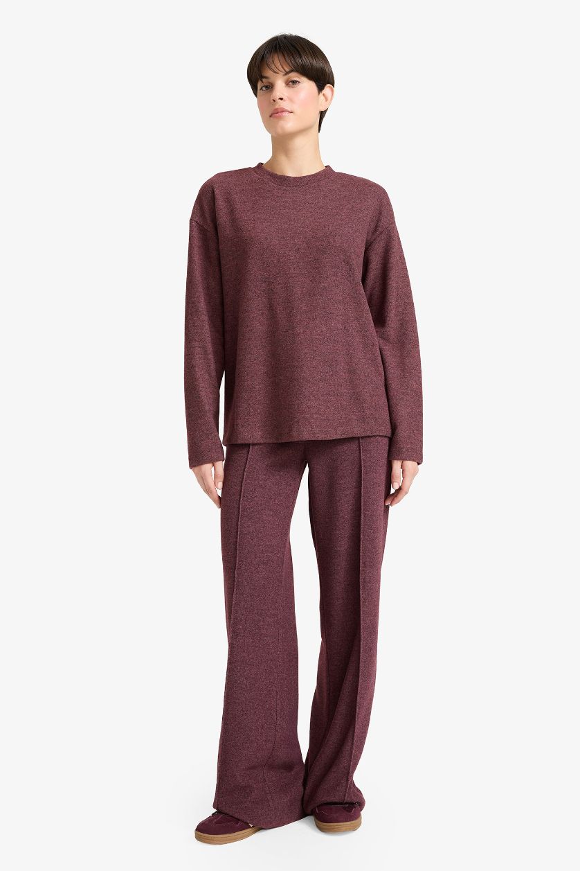 Kadın Bordo Straight Fit Beli Lastikli Geniş Paça Pantolon