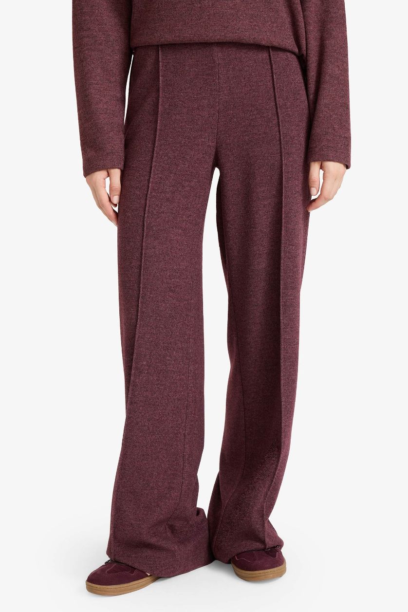 Kadın Bordo Straight Fit Beli Lastikli Geniş Paça Pantolon