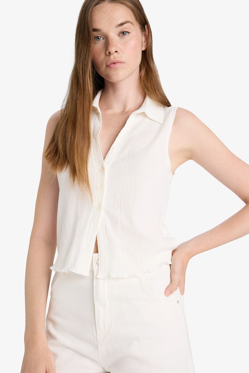Женщины Кремовый Приталенная блузка Fitted с воротником-рубашкой, текстурой и без рукавов, белого цвета