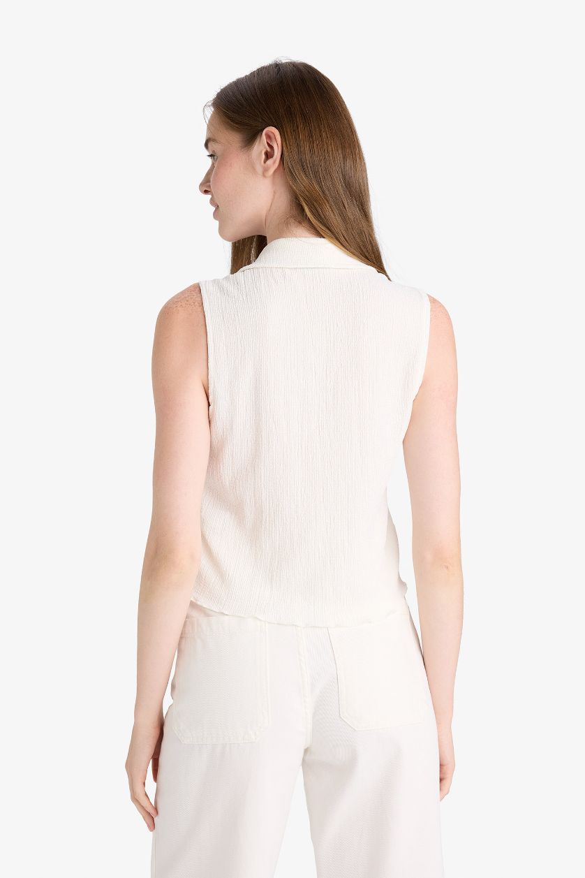 Женщины Кремовый Приталенная блузка Fitted с воротником-рубашкой, текстурой и без рукавов, белого цвета