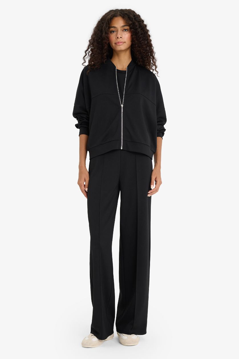 Kadın Siyah Kolej Yaka Fermuarlı Yumuşak Dokulu Modal Bomber Hırka