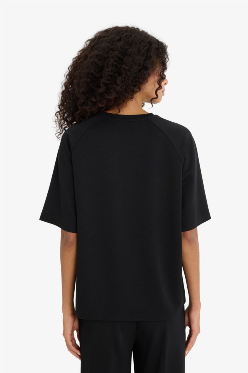 نساء أسود تيشيرت نص ردن ملمس ناعم قصة مريحة