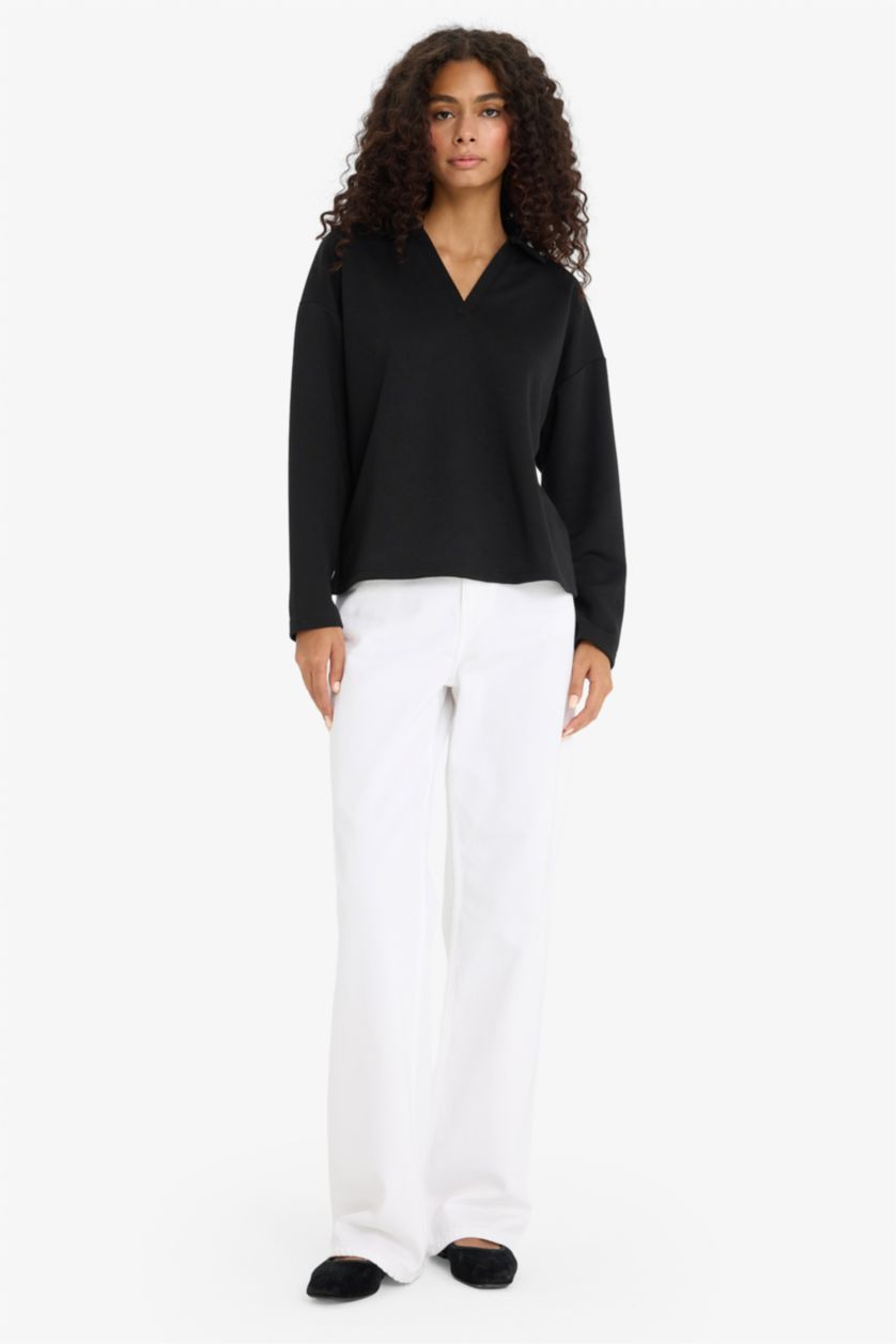 Женщины Черный Свитшот relax fit с воротником поло и в рубчик