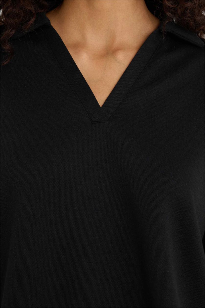 Женщины Черный Свитшот relax fit с воротником поло и в рубчик