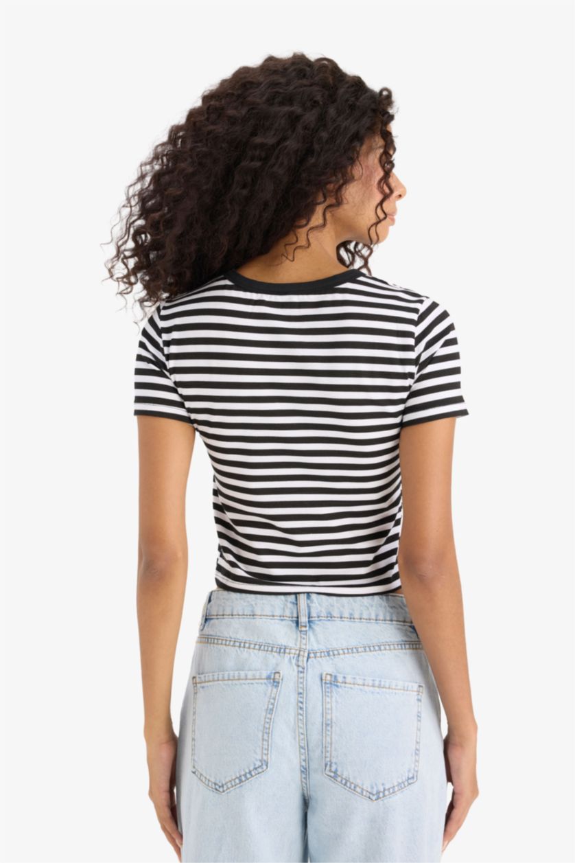 Kadın Siyah Slım Fıt Bisiklet Yaka Çizgili Penye Kısa Kollu Tişört