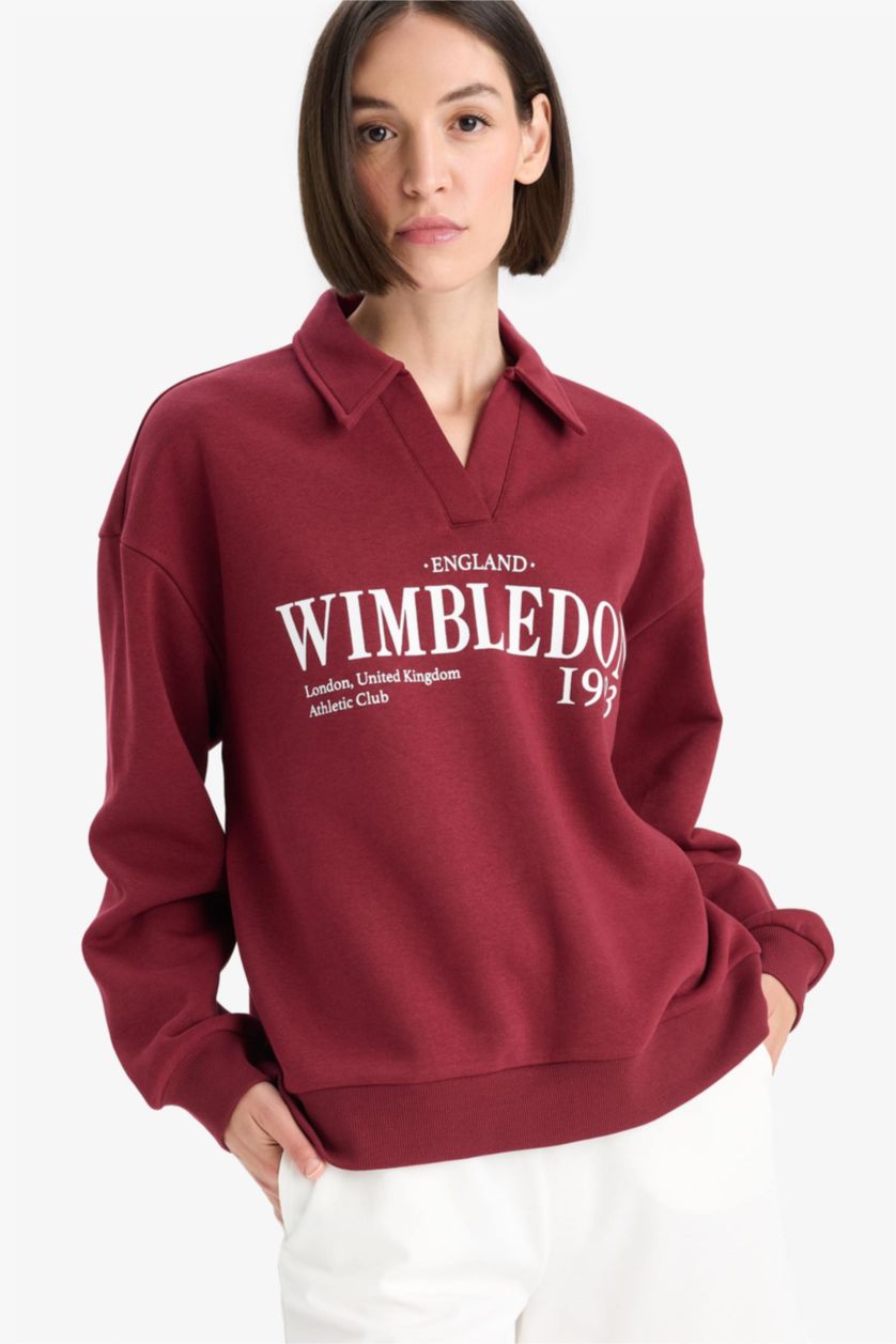 Kadın Bordo Relax Fit Polo Yaka Baskılı Kalın Sweatshirt