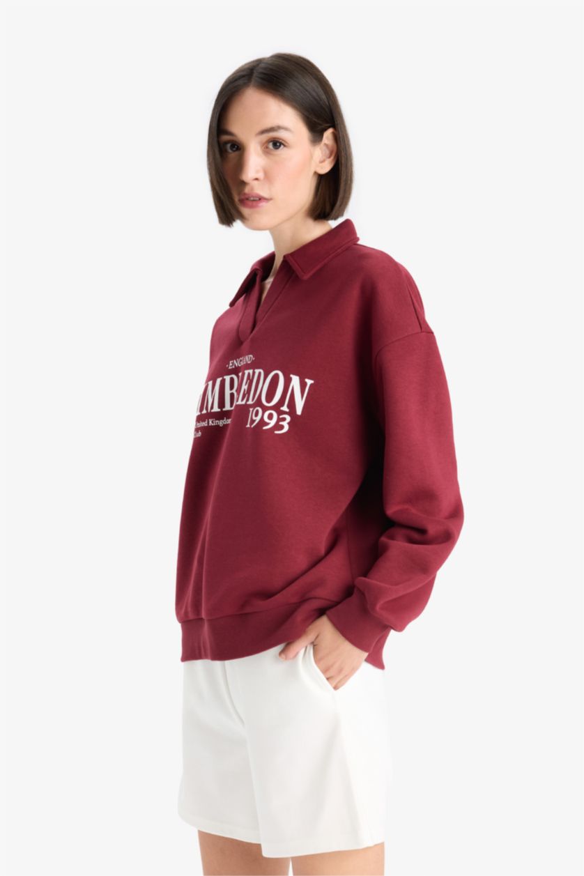Kadın Bordo Relax Fit Polo Yaka Baskılı Kalın Sweatshirt