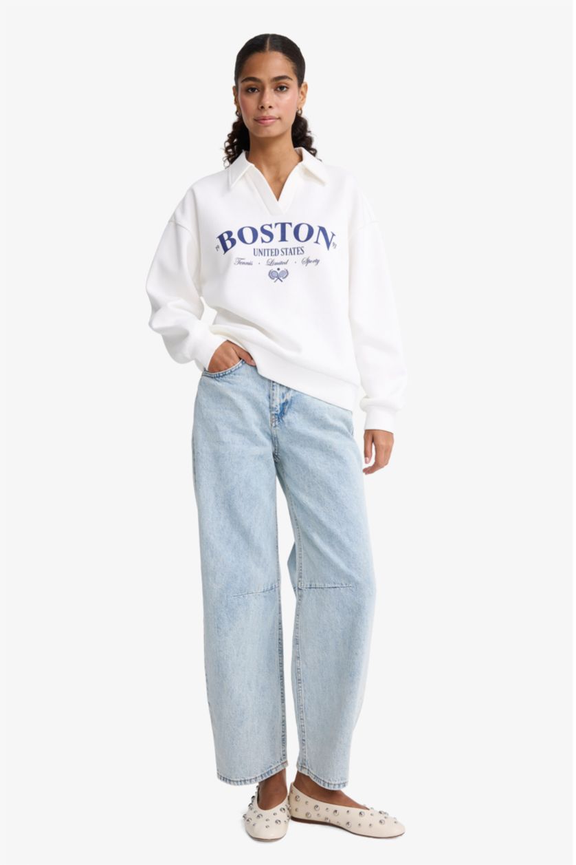 Kadın Ekru Relax Fit Polo Yaka Baskılı Kalın Sweatshirt