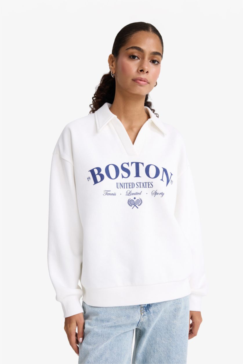 Kadın Ekru Relax Fit Polo Yaka Baskılı Kalın Sweatshirt