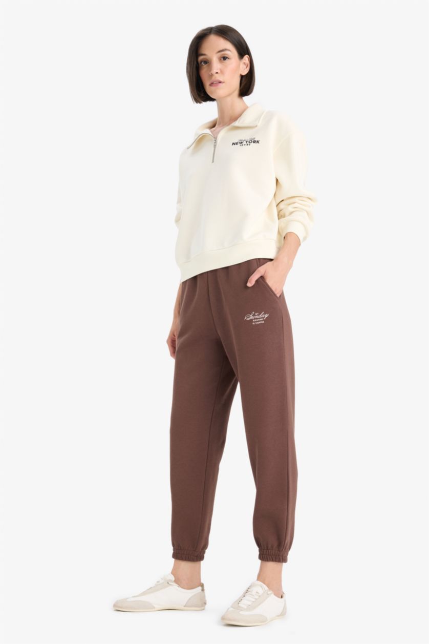 Kadın Kum Regular Fit Yarım Fermuarlı Baskılı Kalın Sweatshirt