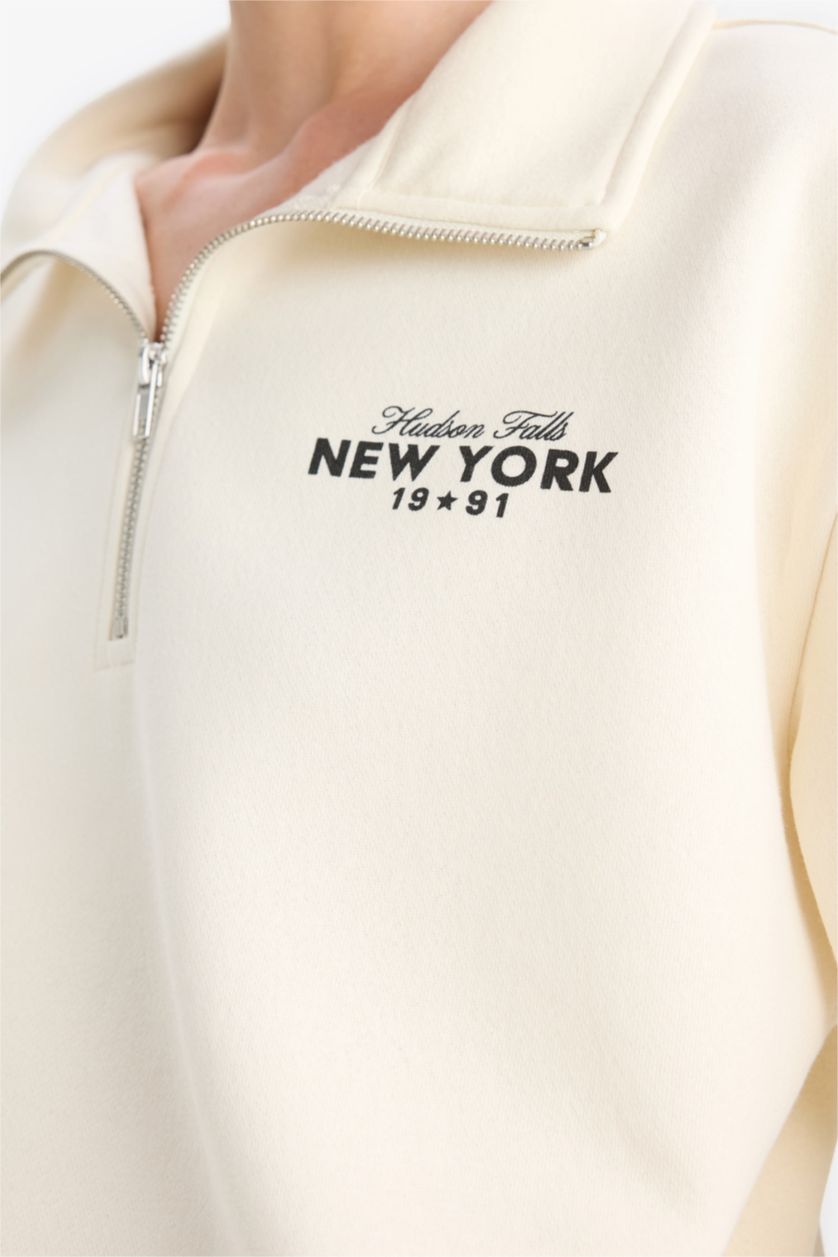 Kadın Kum Regular Fit Yarım Fermuarlı Baskılı Kalın Sweatshirt