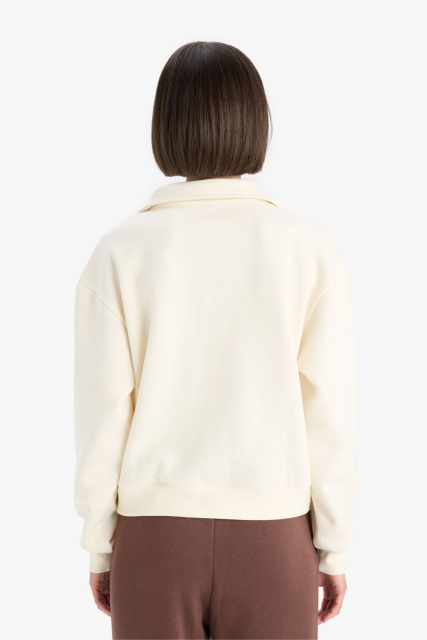 Kadın Kum Regular Fit Yarım Fermuarlı Baskılı Kalın Sweatshirt