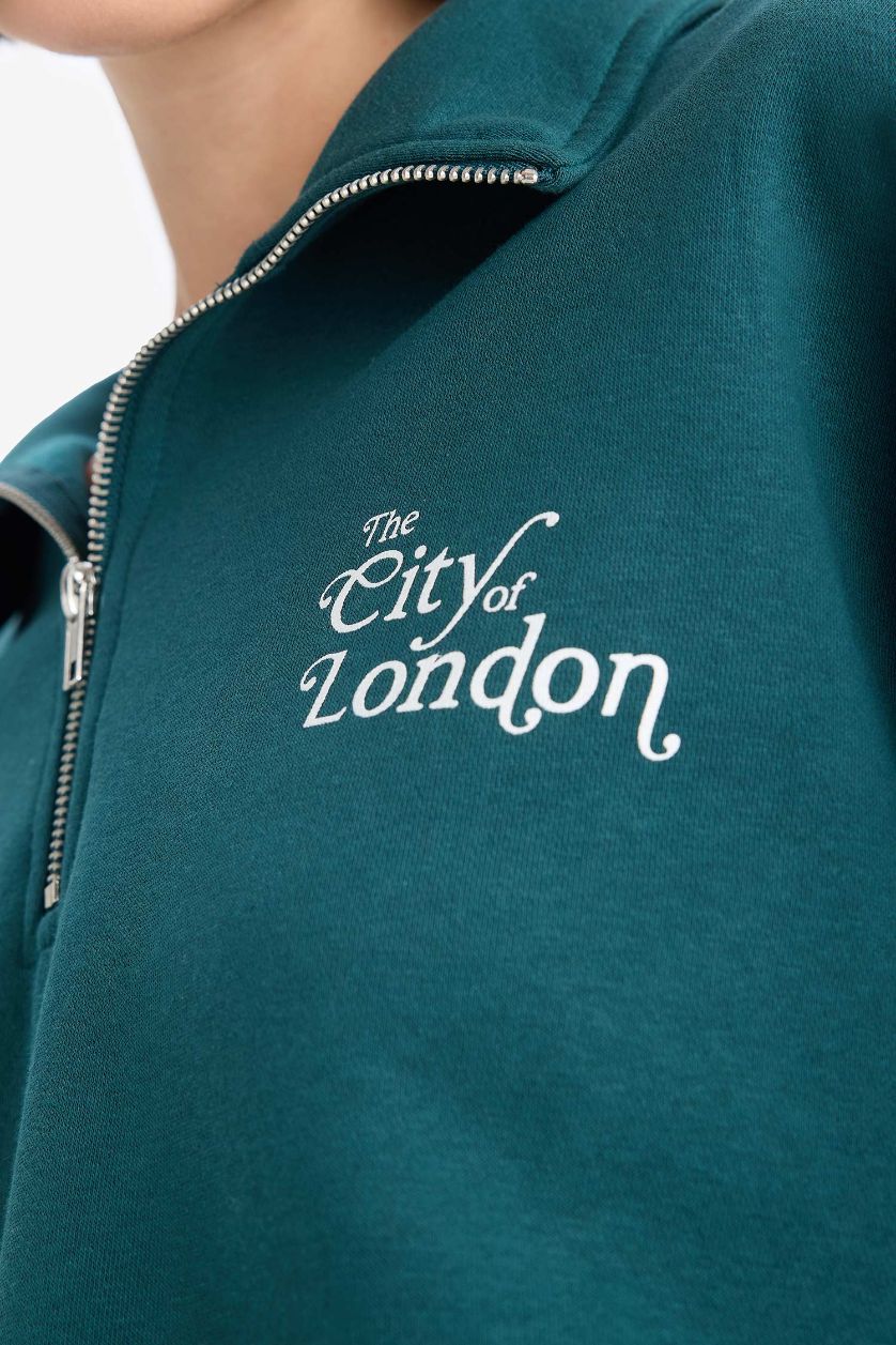 نساء أخضر غامق سويت شيرت بطبعة شعار قصة عادية بنص سحاب