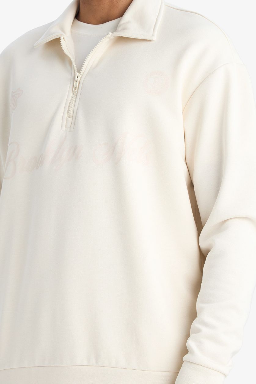 Erkek Taş NBA Brooklyn Nets Relax Fit Polo Yaka Yarım Fermuarlı Modal Sweatshirt