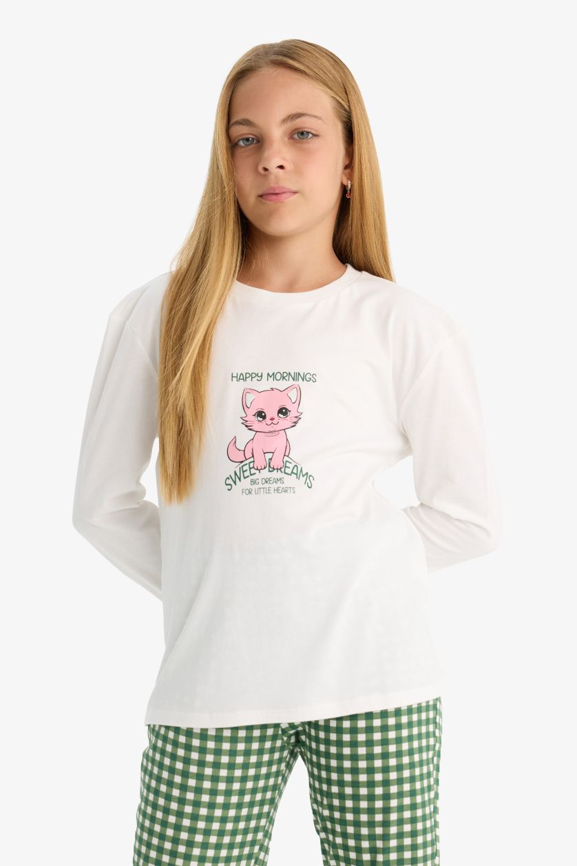 Kız Çocuk - Genç Kız Ekru %100 Pamuklu Desenli Beli Lastikli Pijama Takımı Kız Çocuk