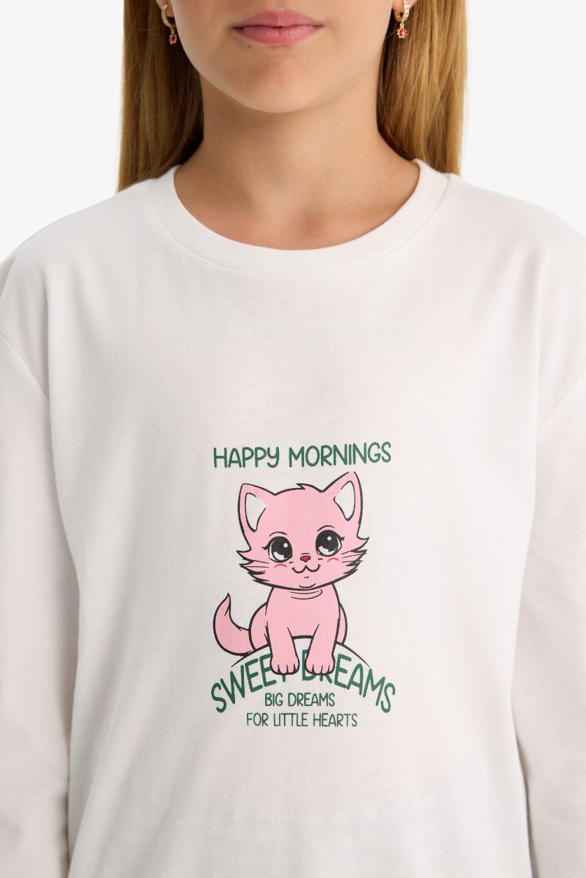 Kız Çocuk - Genç Kız Ekru %100 Pamuklu Desenli Beli Lastikli Pijama Takımı Kız Çocuk