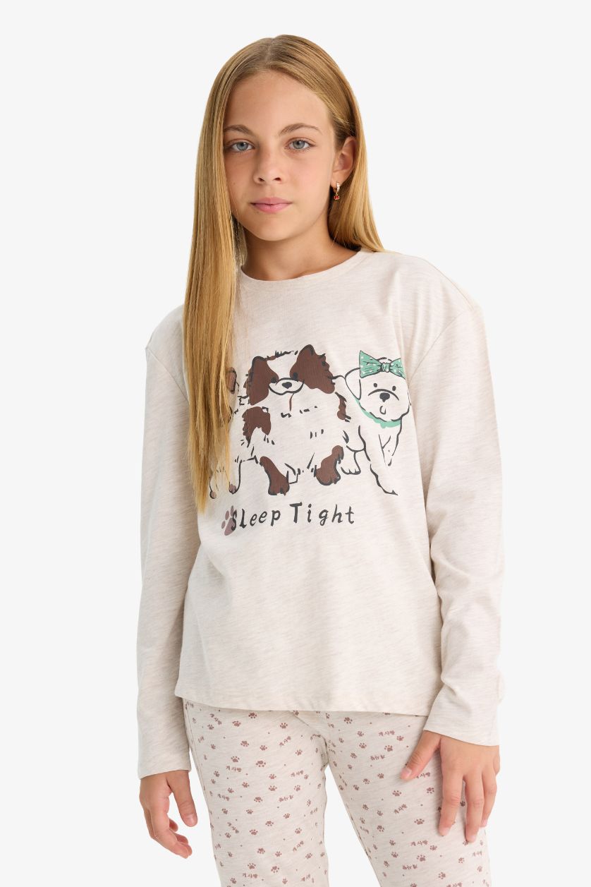 Kız Çocuk - Genç Kız Bej Melanj Pijama Takımı Köpek Baskılı Uzun Kollu Üst Desenli Uzun Alt Kız Çocuk