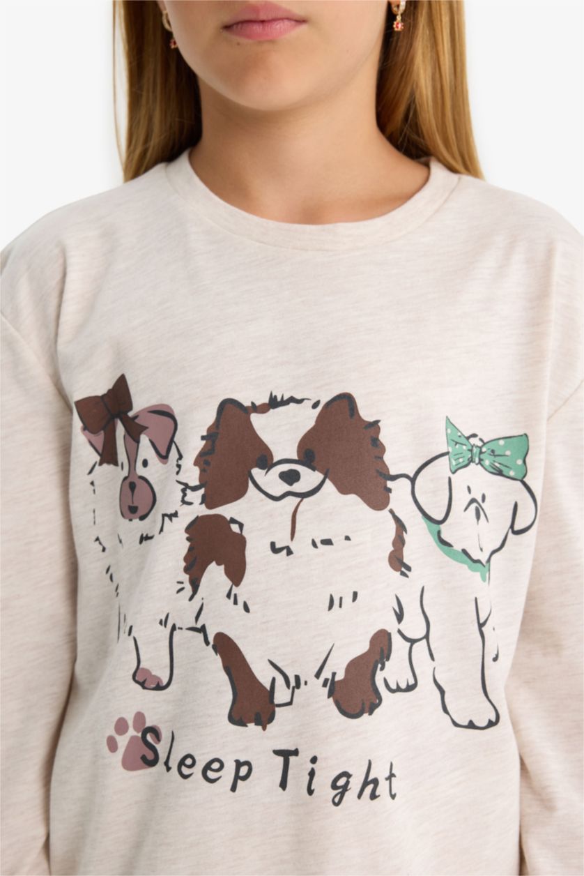 Kız Çocuk - Genç Kız Bej Melanj Pijama Takımı Köpek Baskılı Uzun Kollu Üst Desenli Uzun Alt Kız Çocuk