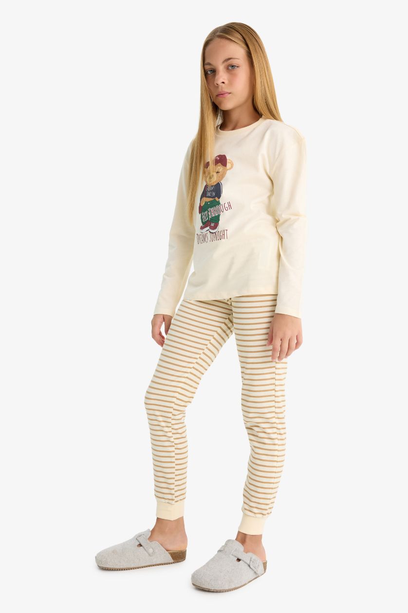 Kız Çocuk - Genç Kız Ekru Kız Çocuk Pijama Takımı Baskılı Uzun Kollu Üst Çizgili Uzun Alt 