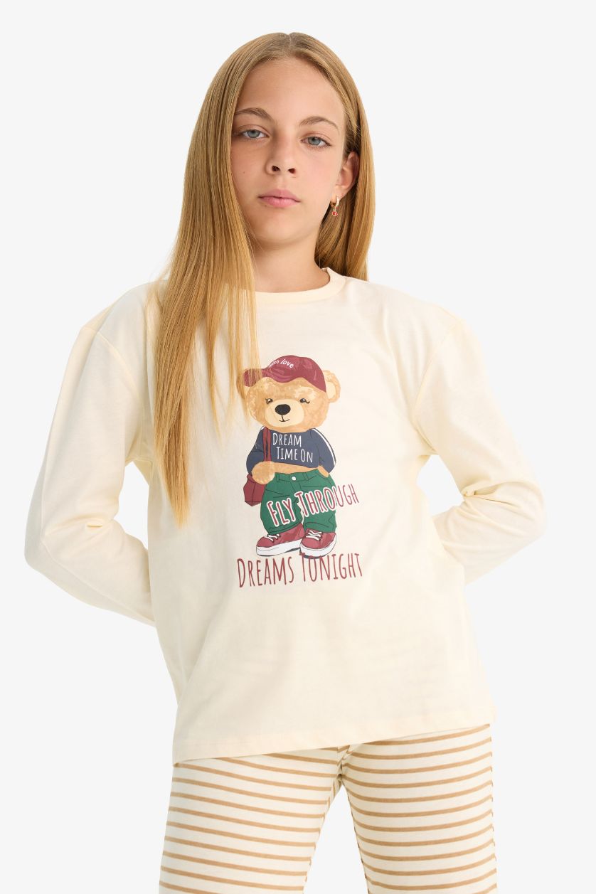 Kız Çocuk - Genç Kız Ekru Kız Çocuk Pijama Takımı Baskılı Uzun Kollu Üst Çizgili Uzun Alt 