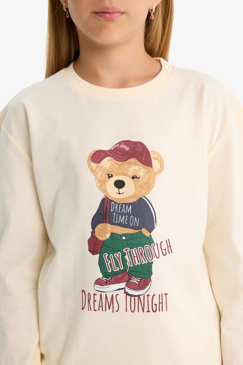 Kız Çocuk - Genç Kız Ekru Kız Çocuk Pijama Takımı Baskılı Uzun Kollu Üst Çizgili Uzun Alt 