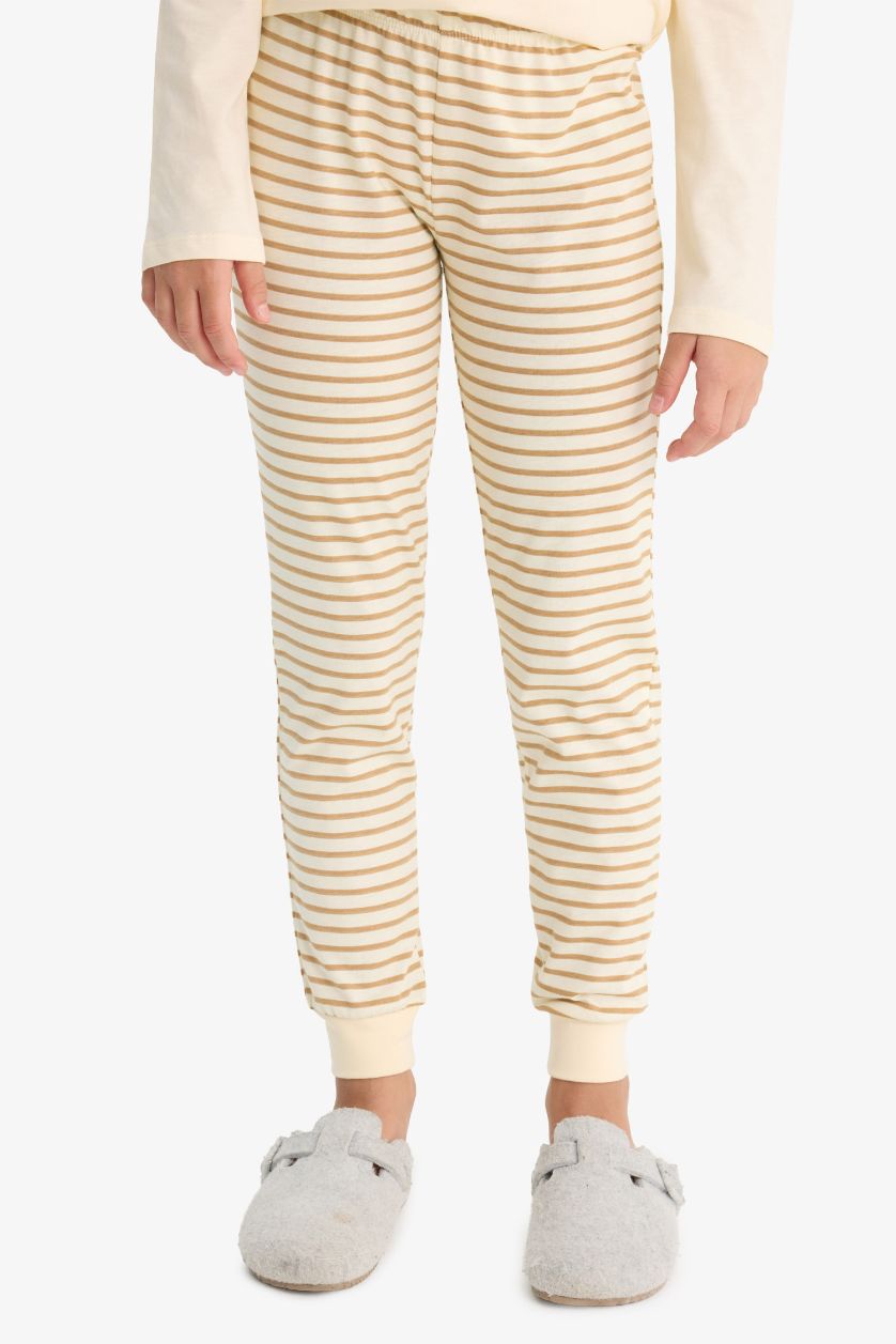 Kız Çocuk - Genç Kız Ekru Kız Çocuk Pijama Takımı Baskılı Uzun Kollu Üst Çizgili Uzun Alt 