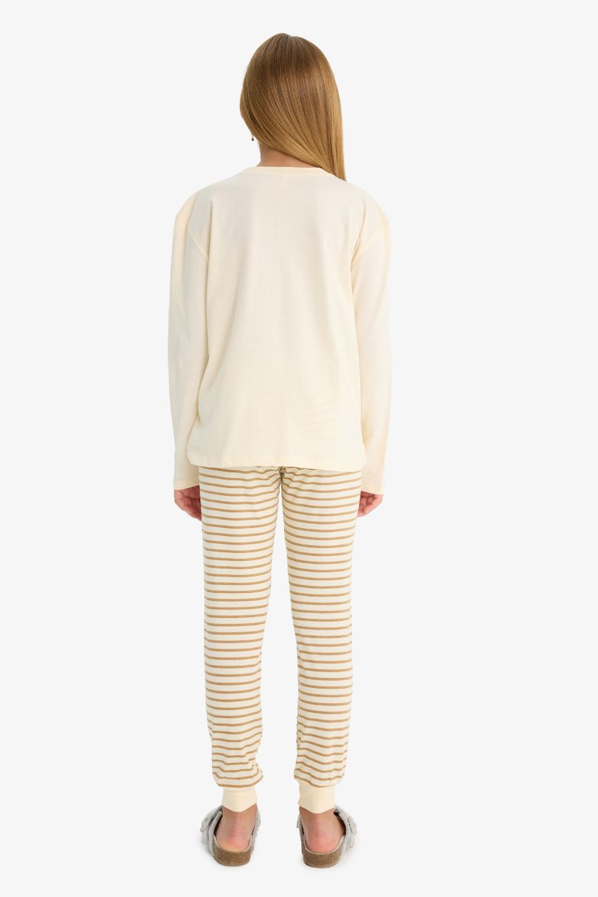 Kız Çocuk - Genç Kız Ekru Kız Çocuk Pijama Takımı Baskılı Uzun Kollu Üst Çizgili Uzun Alt 
