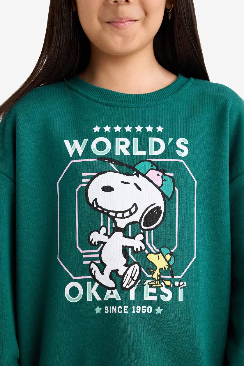 Kız Çocuk - Genç Kız Koyu Yeşil Snoopy Oversize Geniş Kalıp Bisiklet Yaka Sweatshirt Kız Çocuk